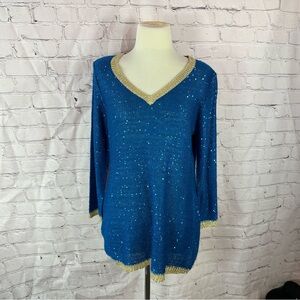 Reba Blue Sequin V-Neck Sweater Gold Trim womens L